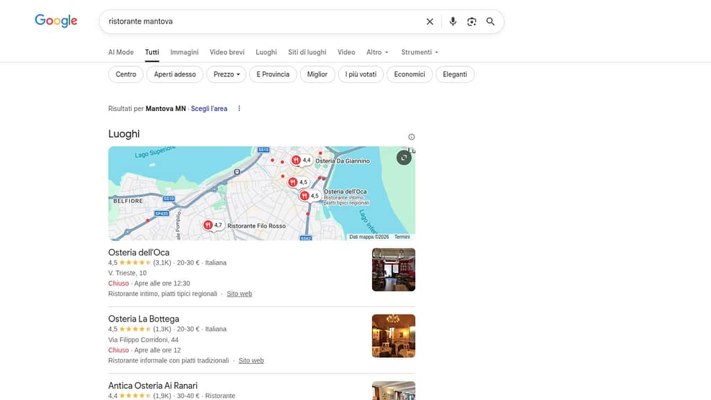 Esempio di local pack per ristorante Mantova